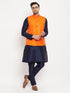Vastramay Men's Orange Matka Silk Nehru Jacket With Navy Blue Silk Blend Kurta and Pant style Pyjama Set